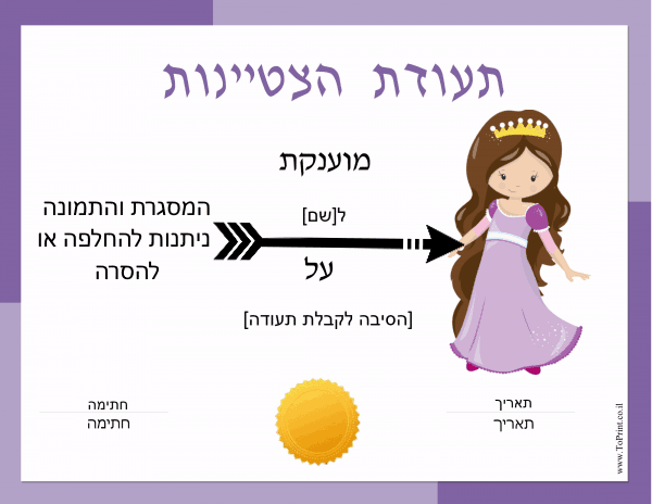 תעודת הצטיינות לתלמידה